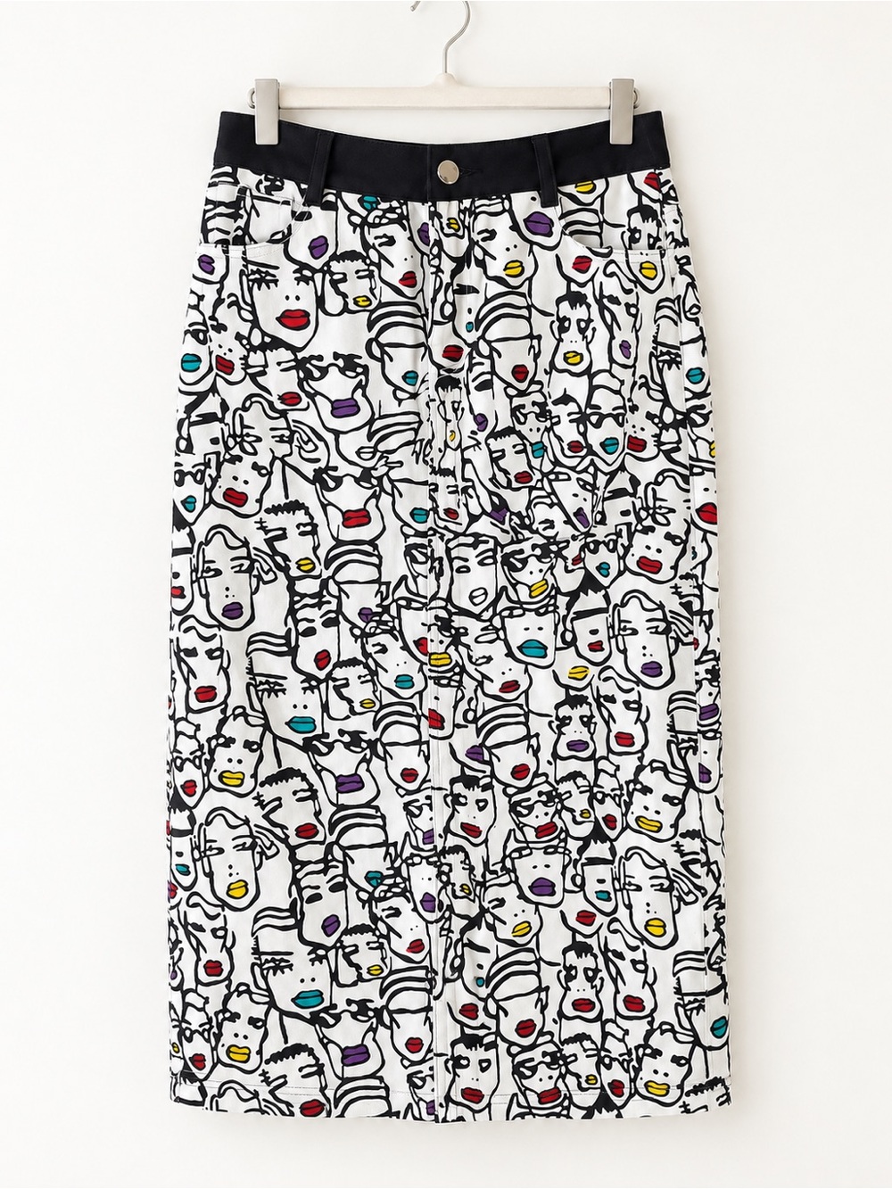 Graphic Face Print Midi Skirt Pop Art Abstract Statement